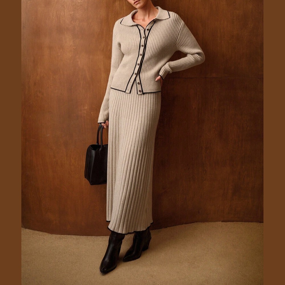 Tan Ribbed Knit Contrast Trim Collared Cardigan and Pleated Maxi Skirt Set